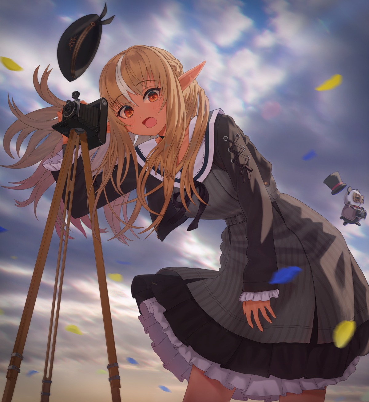 elf, hololive, kintsuba_(shiranui_flare), pointy_ears, seifuku, shiranui_flare, skirt_lift, yukinashi
