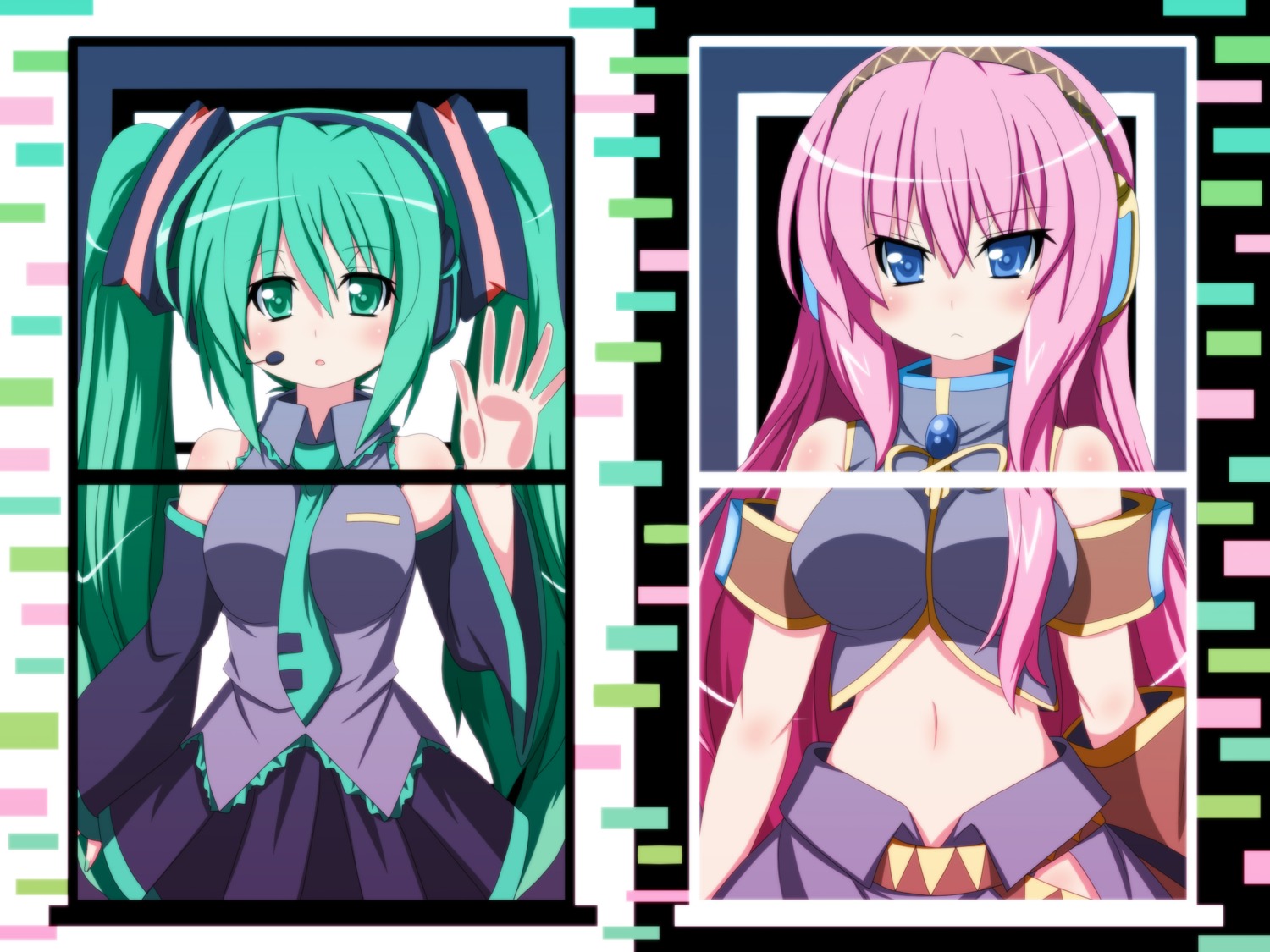 hatsune_miku, headphones, kakeru, megurine_luka, vocaloid