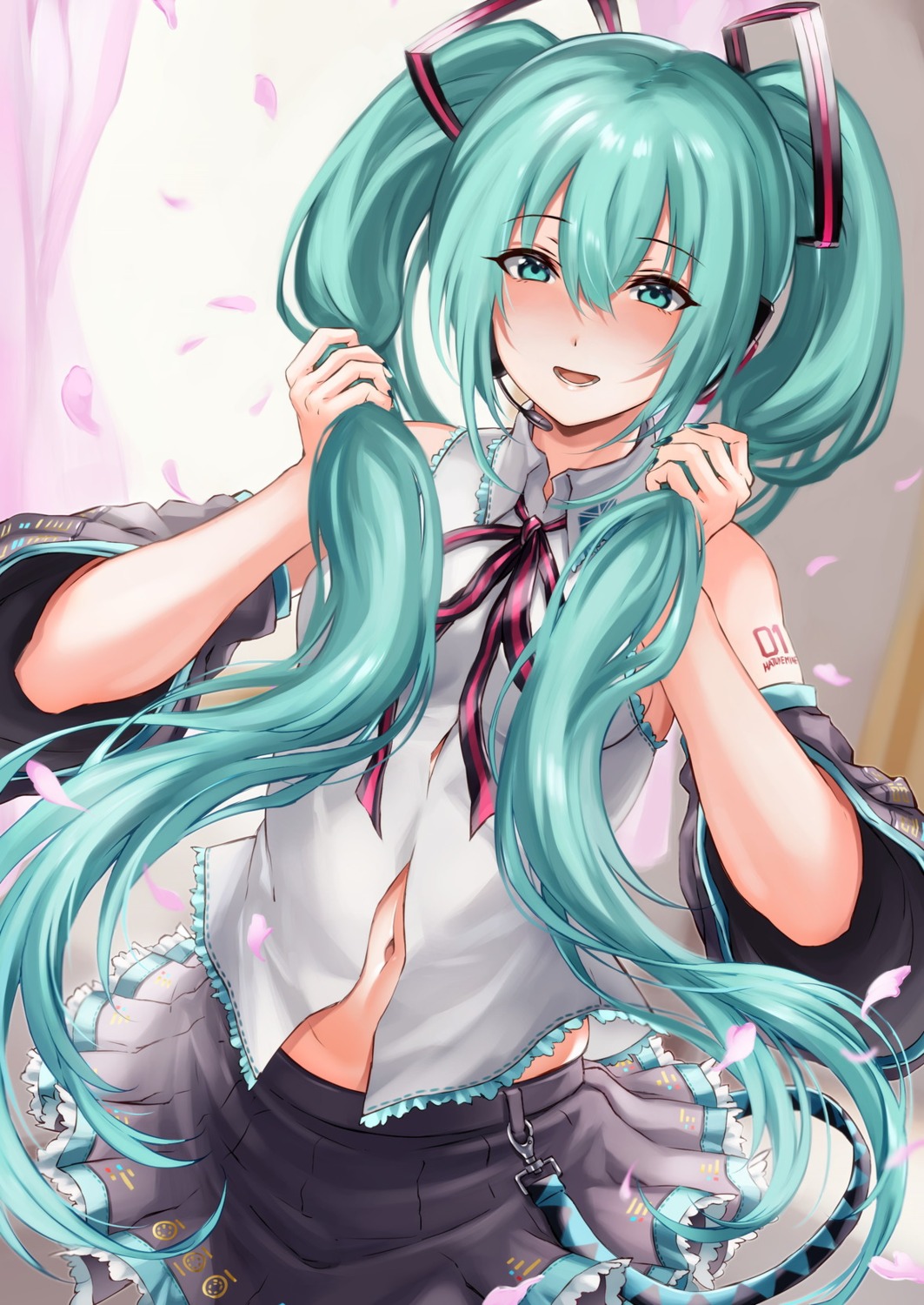 hatsune_miku, headphones, lzepiscc219, open_shirt, skirt_lift, tattoo, vocaloid