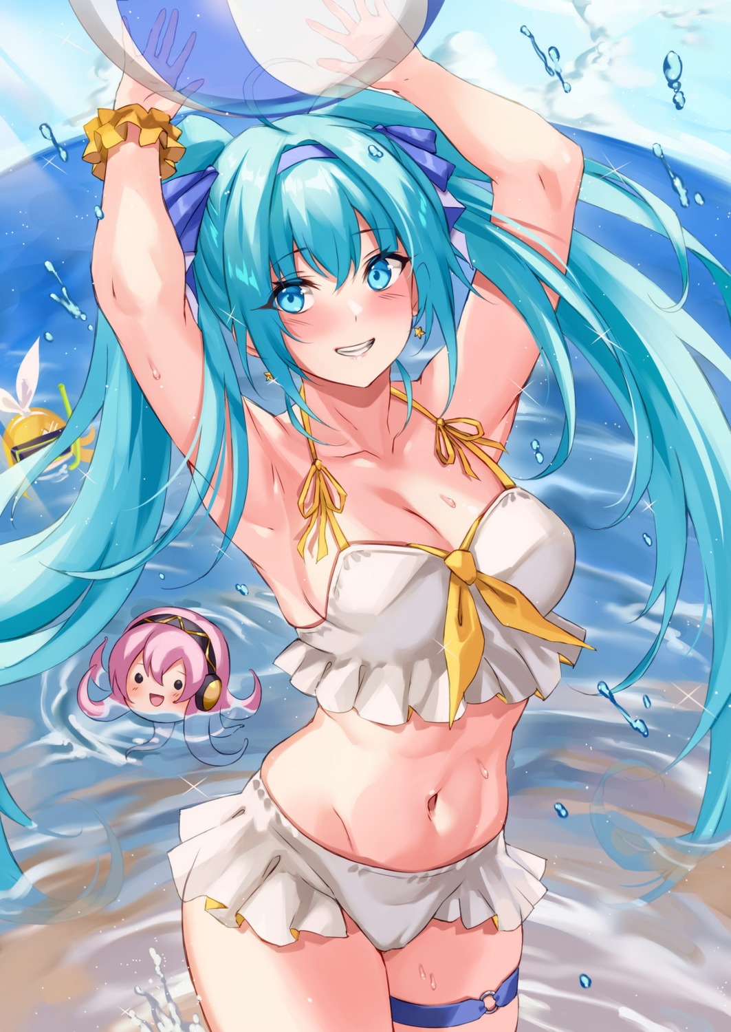 bikini, chibi, cleavage, garter, hatsune_miku, lzepiscc219, swimsuits, vocaloid, wet