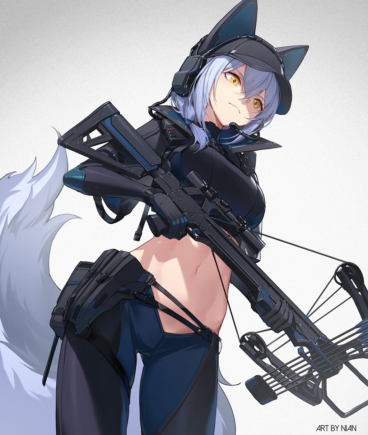 animal_ears, arknights, garter, headphones, nian, provence_(arknights), tail, weapon