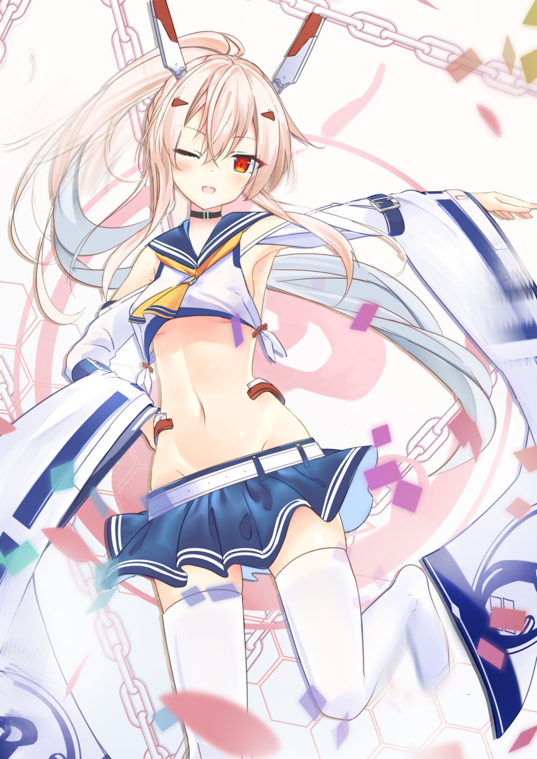 ayanami_(azur_lane), azur_lane, no_bra, odeclea, seifuku, shirt_lift, skirt_lift, thighhighs
