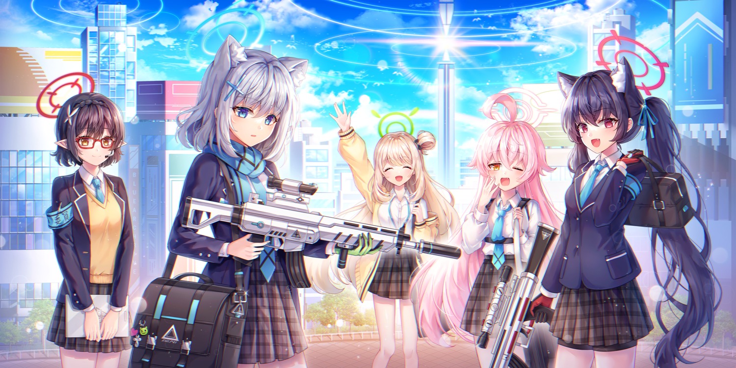 animal_ears, blue_archive, gun, halo, hayun, izayoi_nonomi, kuromi_serika, megane