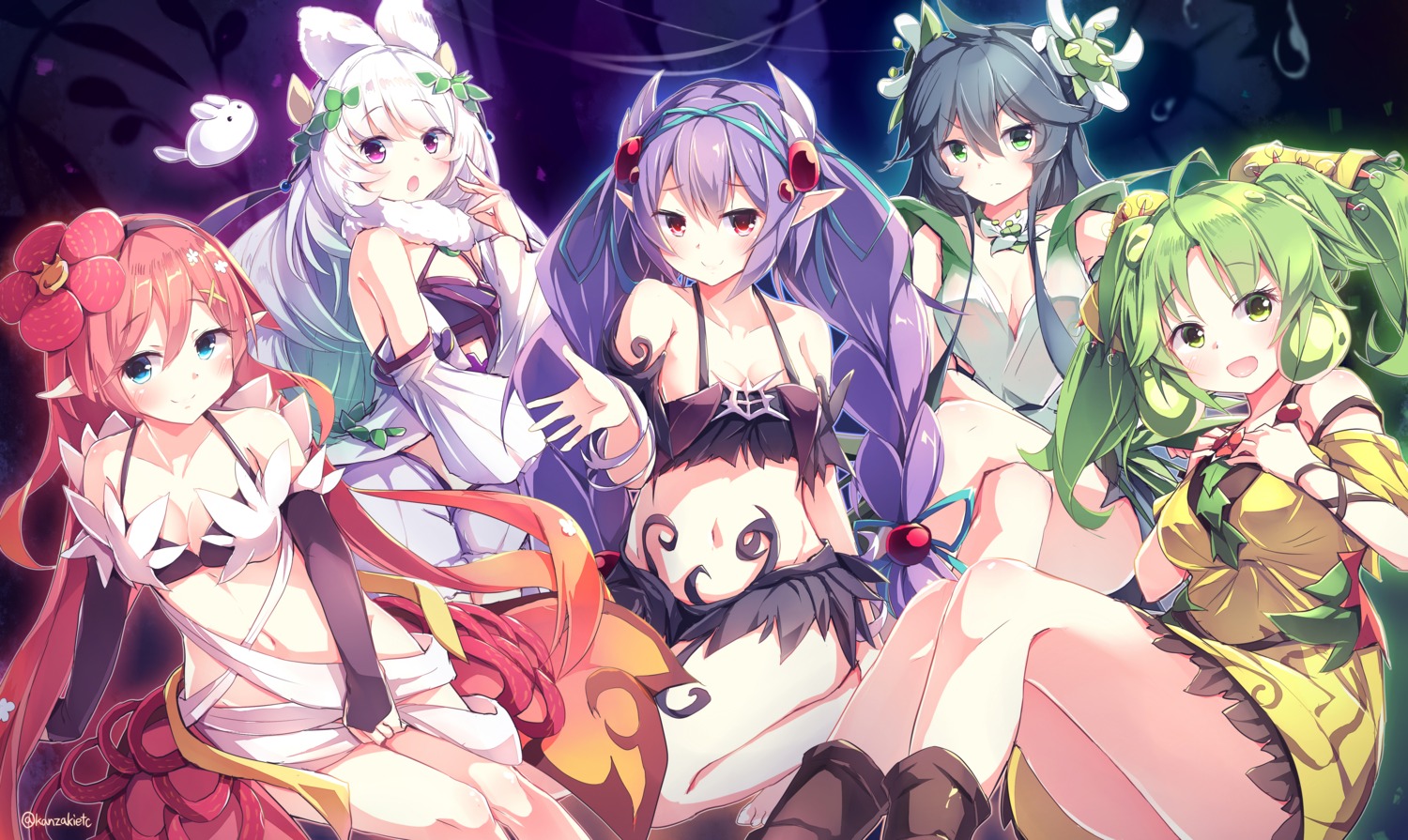 animal_ears, bra, cleavage, kanzakietc, no_bra, nopan, pointy_ears, skirt_lift
