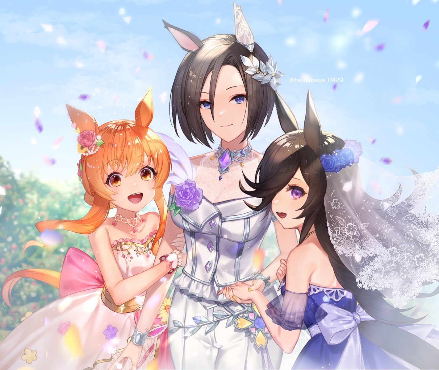 air_groove_(umamusume), animal_ears, dress, mayano_top_gun_(umamusume), no_bra, rice_shower_(umamusume), see_through, tail, tsunakawa, uma_musume_pretty_derby, wedding_dress