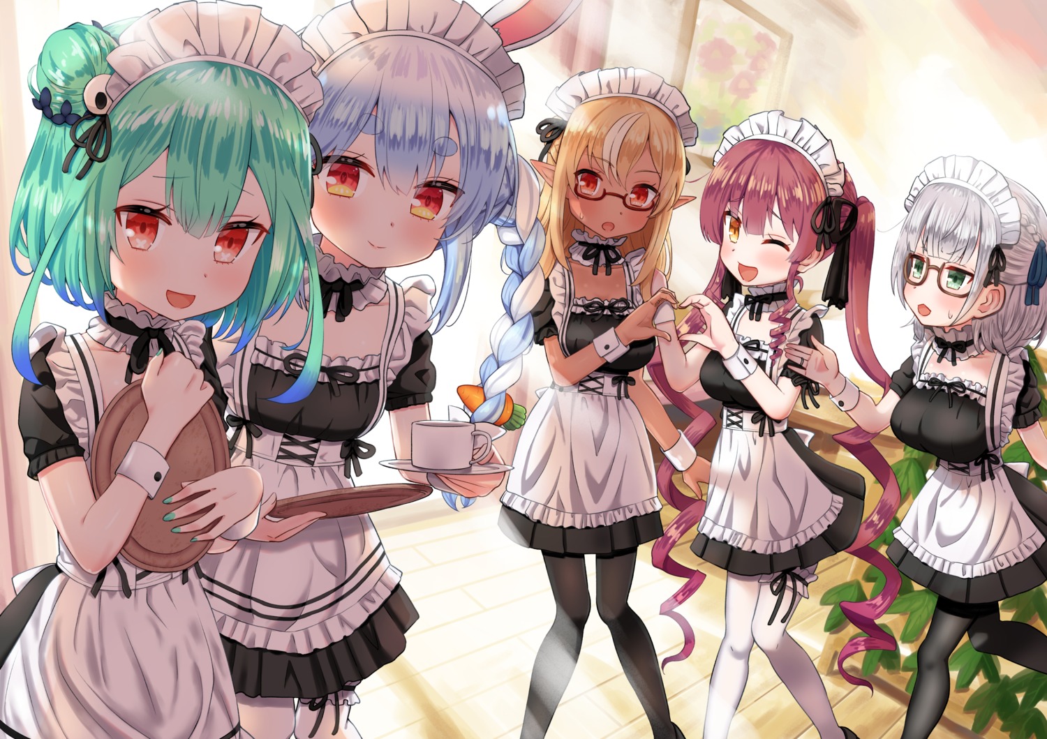 dorianpanda, elf, garter, hololive, houshou_marine, maid, megane, pantyhose, pointy_ears, shiranui_flare, shirogane_noel, uruha_rushia, usada_pekora