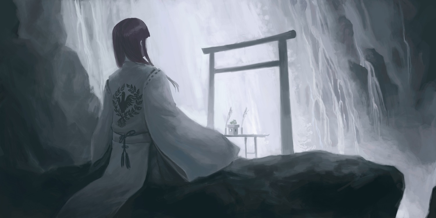 hiraoka_masamune, kimono, landscape, miko