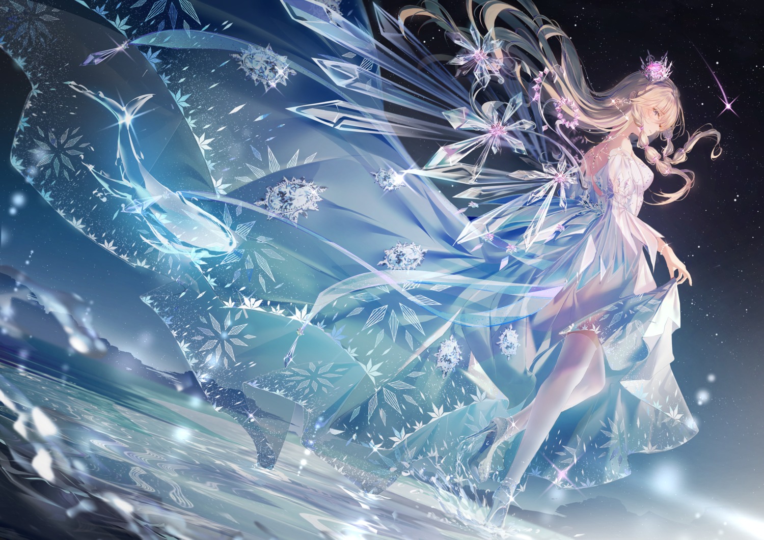 dress, heels, junpaku_karen, see_through, skirt_lift, thighhighs, wet, wings