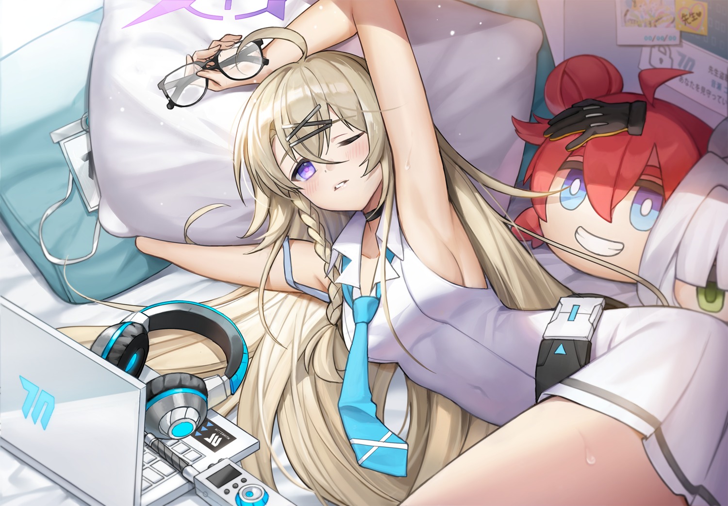 blue_archive, headphones, hongsi, konuri_maki, megane, no_bra, omagari_hare, otose_kotama