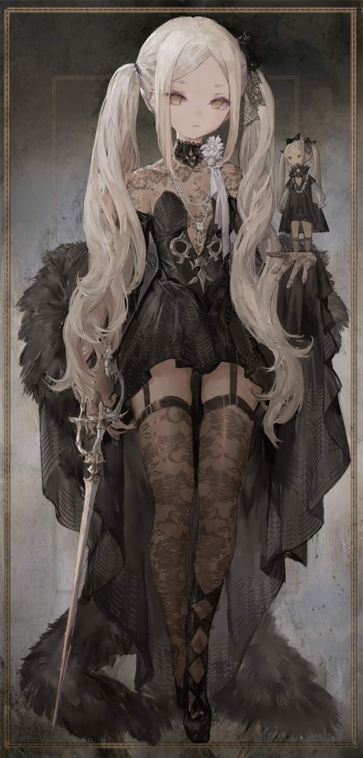 dress, gothic_lolita, lolita_fashion, messikid, no_bra, see_through, stockings, sword, thighhighs