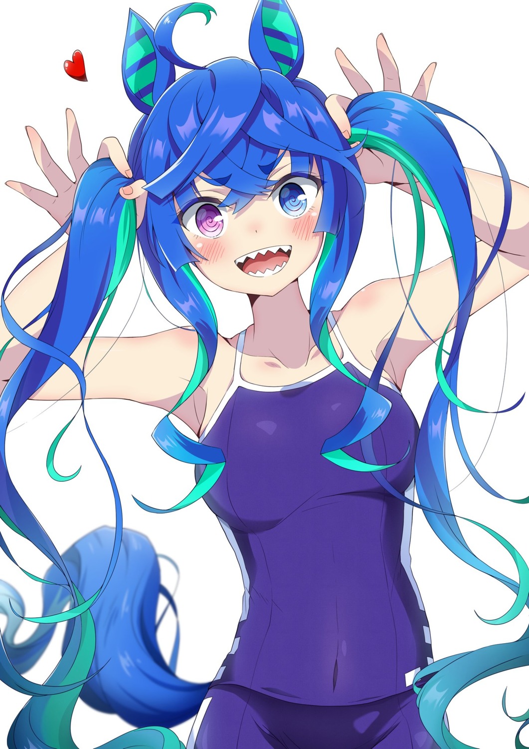 animal_ears, eggman_(pixiv28975023), heterochromia, school_swimsuit, swimsuits, tail, twin_turbo_(umamusume), uma_musume_pretty_derby