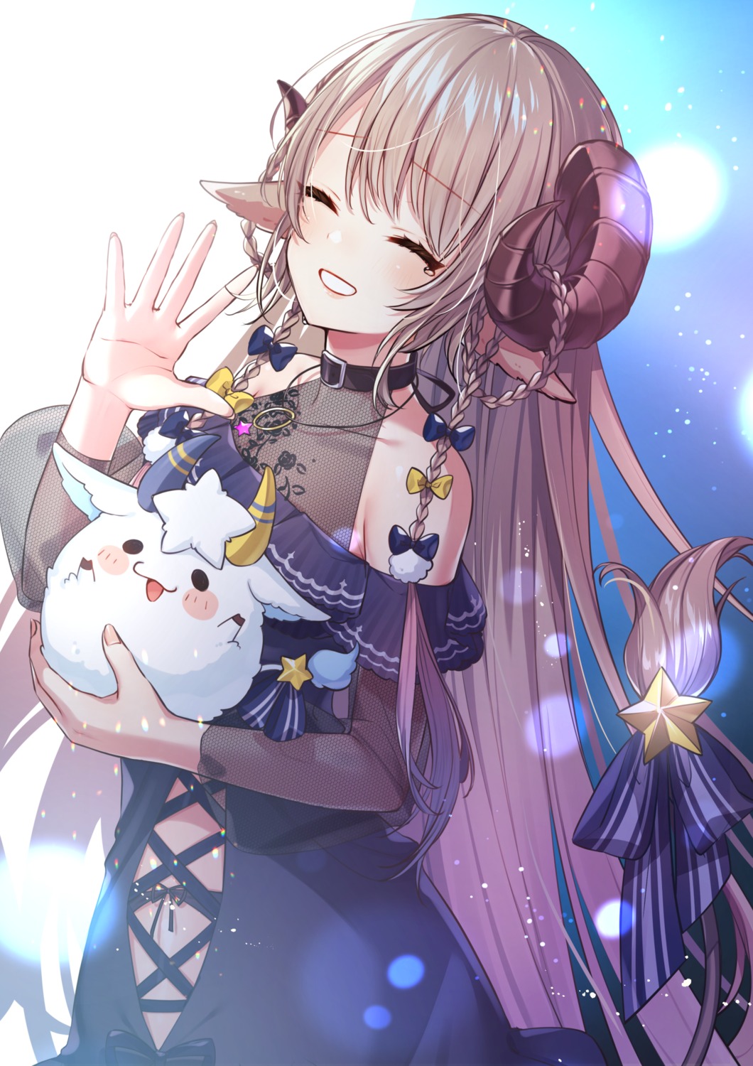 animal_ears, dress, fishnets, horns, kitazume_kumie, nanase_subaru_(channel), nanase_subaru_(virtual_youtuber), no_bra