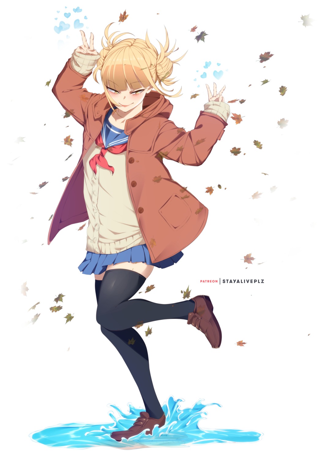 boku_no_hero_academia, seifuku, skirt_lift, stayaliveplz, sweater, thighhighs, toga_himiko, wet