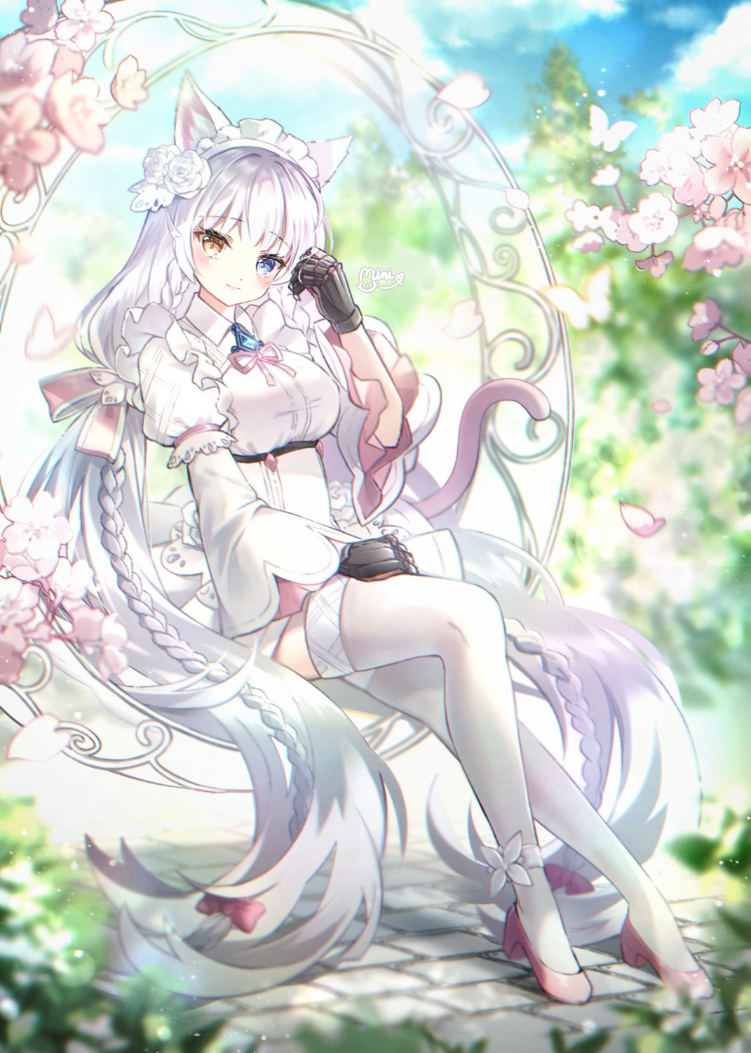 animal_ears, danby_merong, heels, heterochromia, nekomimi, skirt_lift, tail, thighhighs
