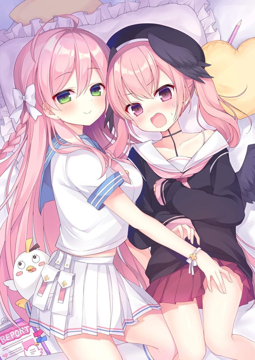 blue_archive, kirimiya_tsurugi, seifuku, shimoe_koharu, shirt_lift, skirt_lift, urawa_hanako, wings, yuri