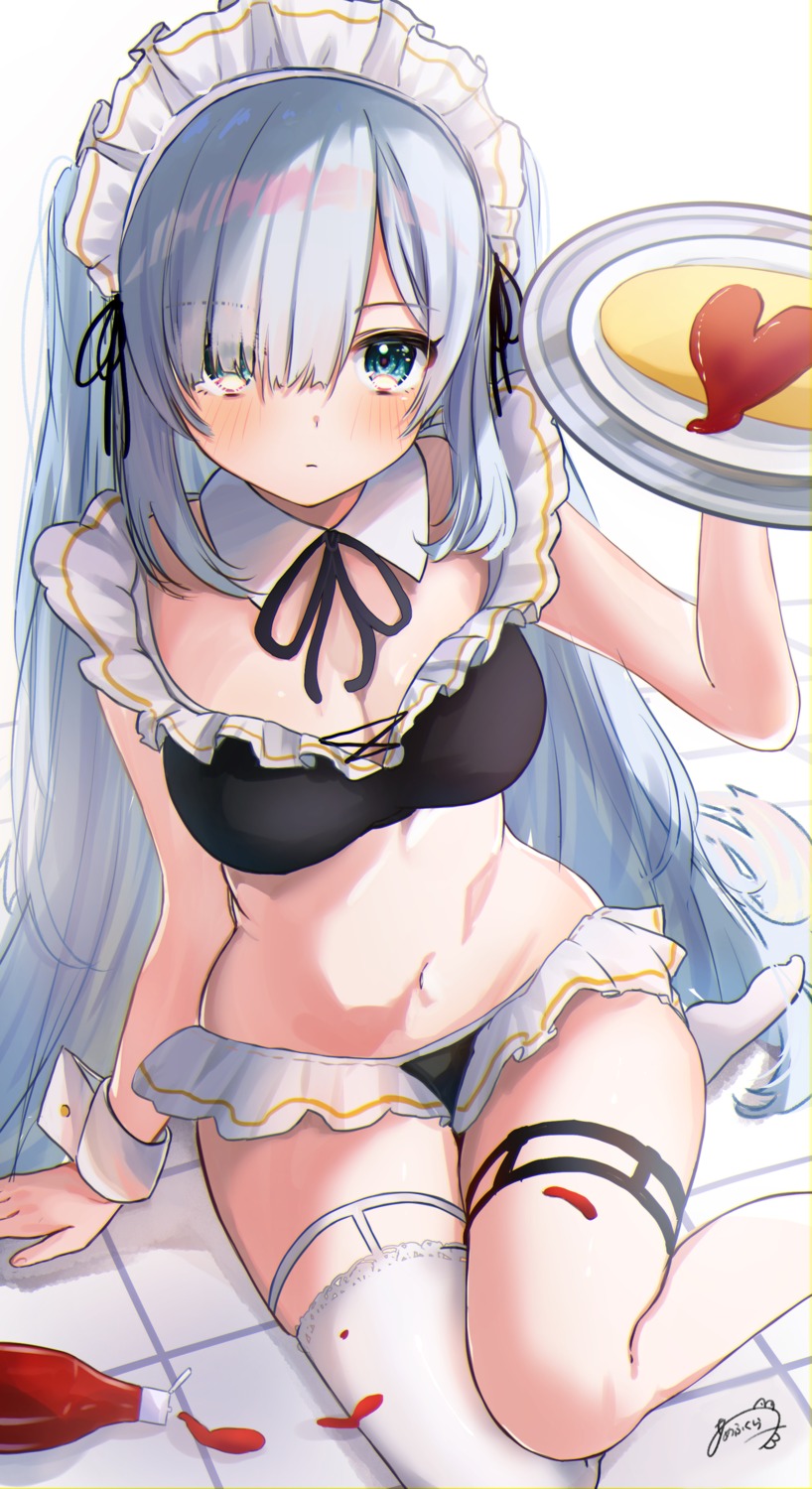 amefukura_art, bikini, cleavage, garter, maid, stockings, swimsuits, thighhighs, waitress