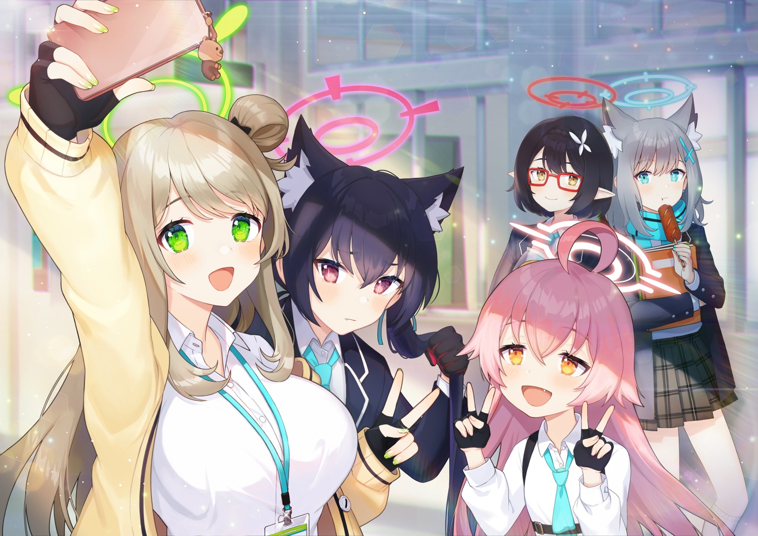 animal_ears, blue_archive, halo, izayoi_nonomi, kuromi_serika, megane, nekomimi, noixen, okusora_ayane, pointy_ears, seifuku, selfie, sunaookami_shiroko, sweater, takanashi_hoshino