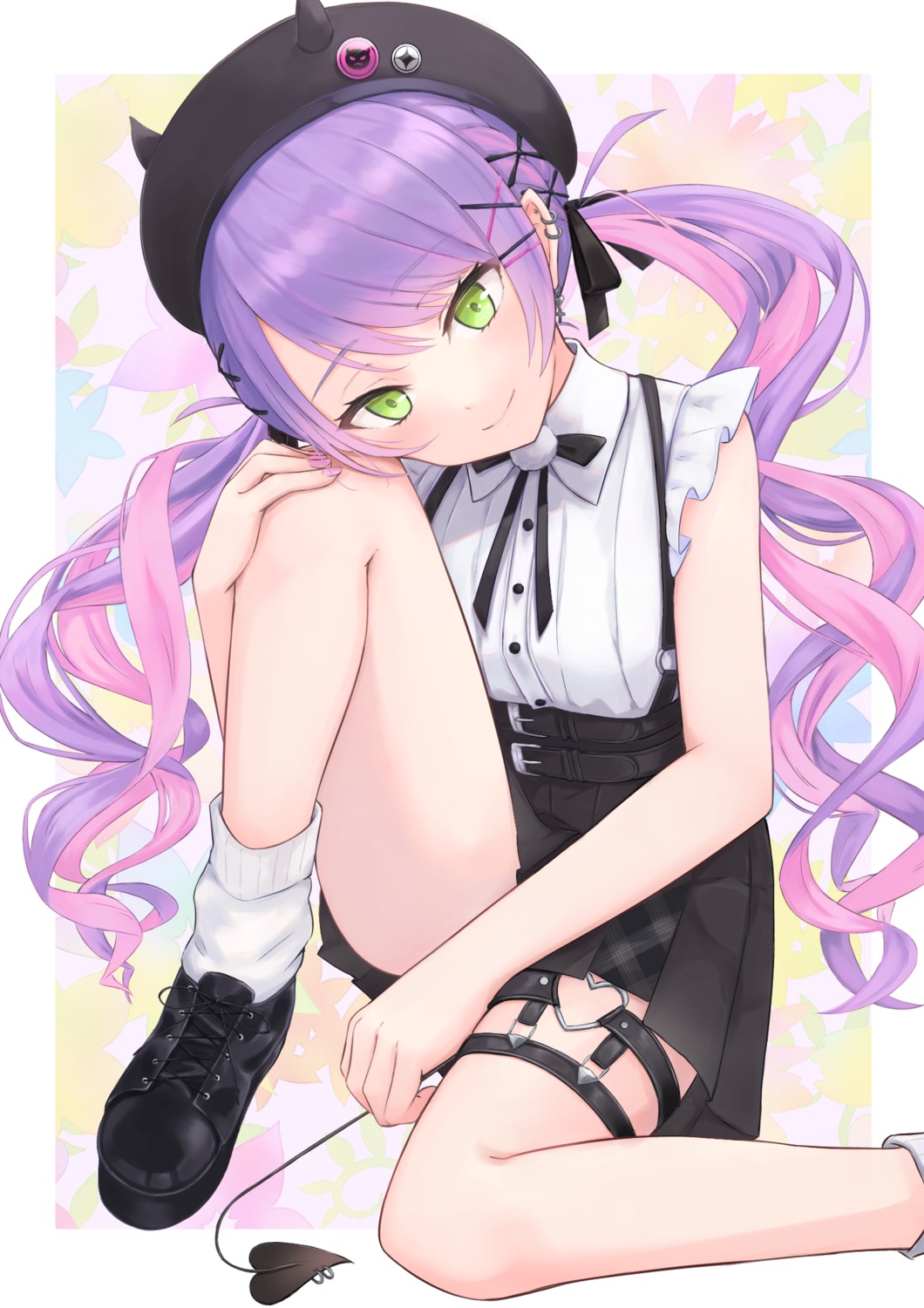 garter, hololive, izu_(tea_value_lord), pointy_ears, skirt_lift, tail, tokoyami_towa