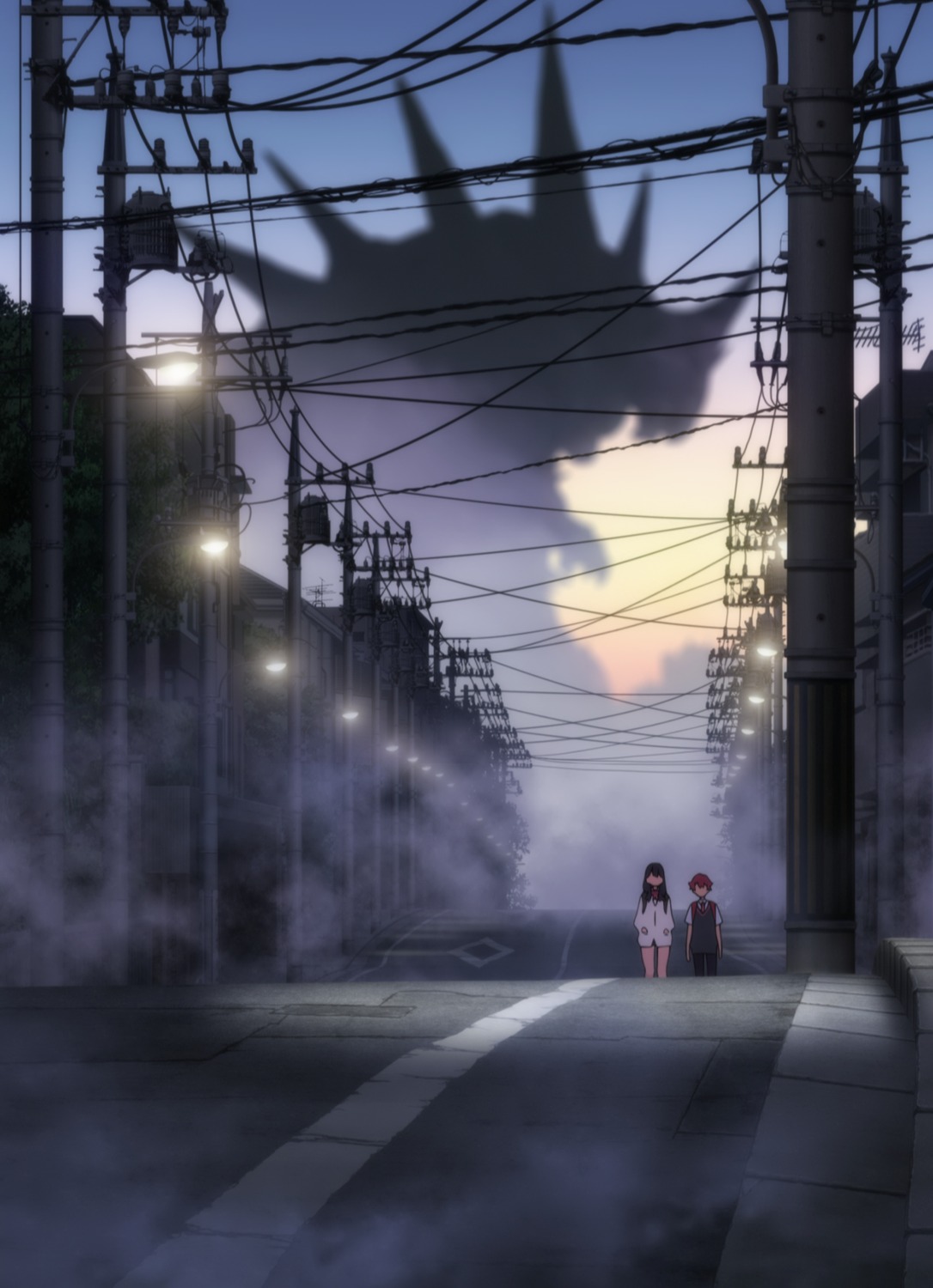 cap, gridman_universe, hibiki_yuuta, landscape, monster, seifuku, silhouette, ssss.gridman