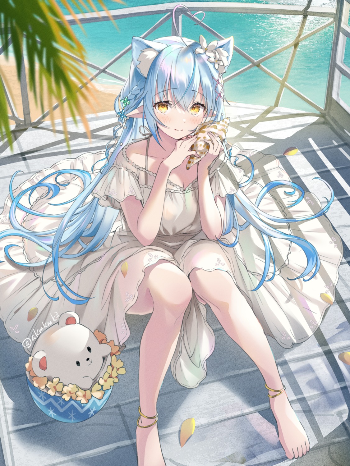 akamoku, animal_ears, daifuku_(yukihana_lamy), dress, elf, hololive, nekomimi, pointy_ears, see_through, skirt_lift, summer_dress, yukihana_lamy