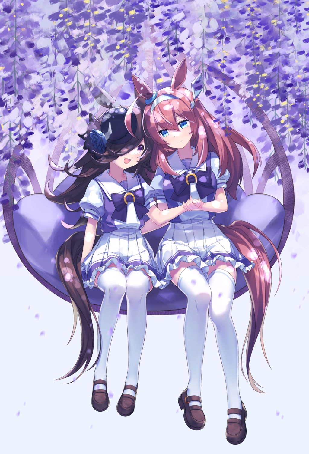animal_ears, mihono_bourbon_(umamusume), poppy_(poppykakaka), rice_shower_(umamusume), seifuku, tail, thighhighs, uma_musume_pretty_derby, yuri
