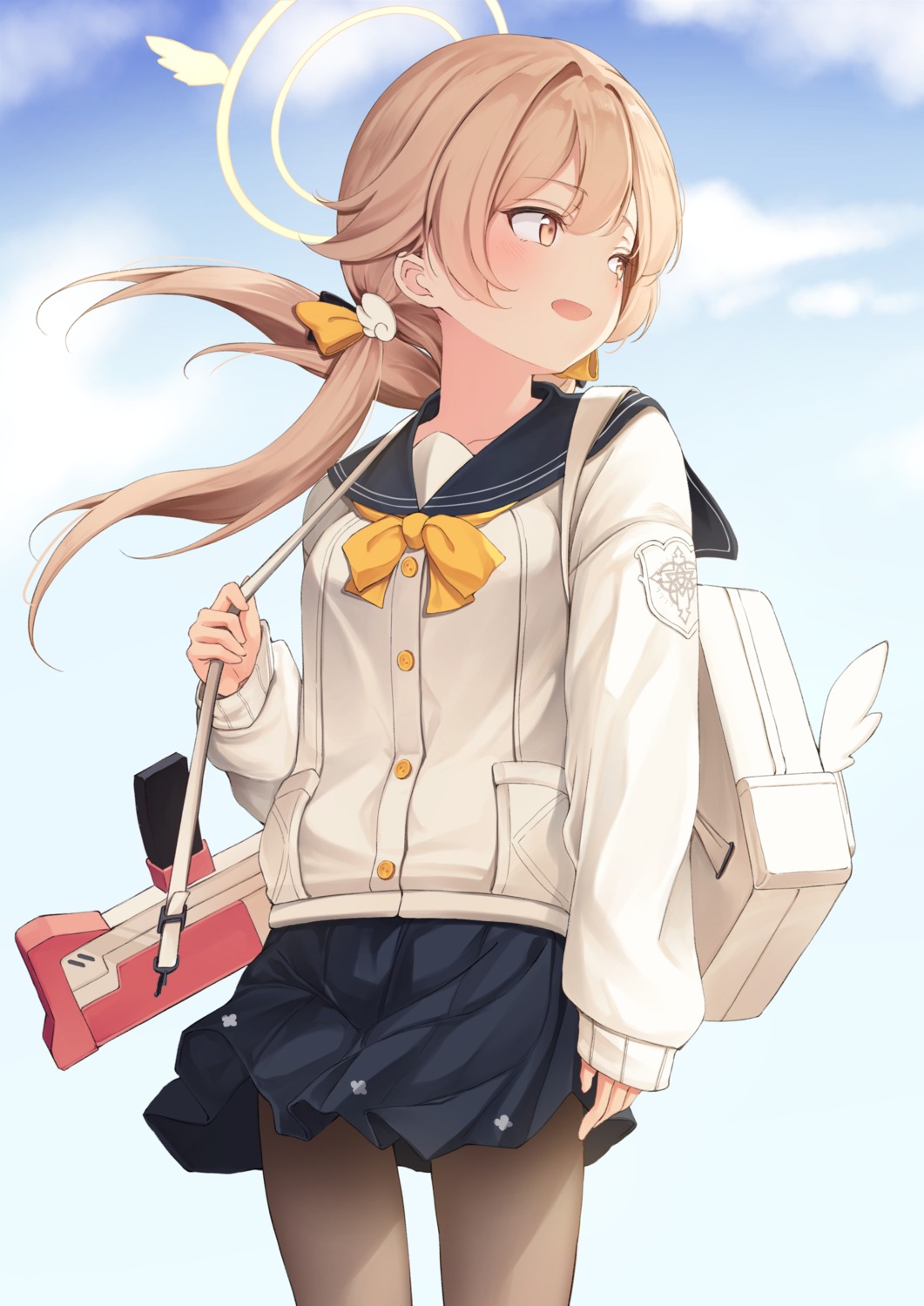 ajitani_hifumi, blue_archive, gun, halo, pantyhose, sayu_(mini_2704), seifuku, skirt_lift