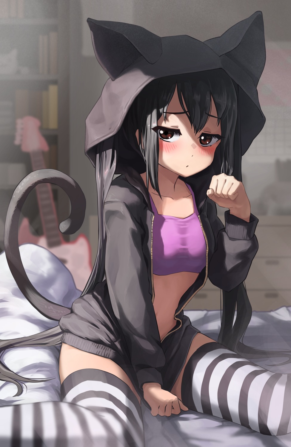 animal_ears, k-on!, melaton, nakano_azusa, nekomimi, open_shirt, tail, thighhighs