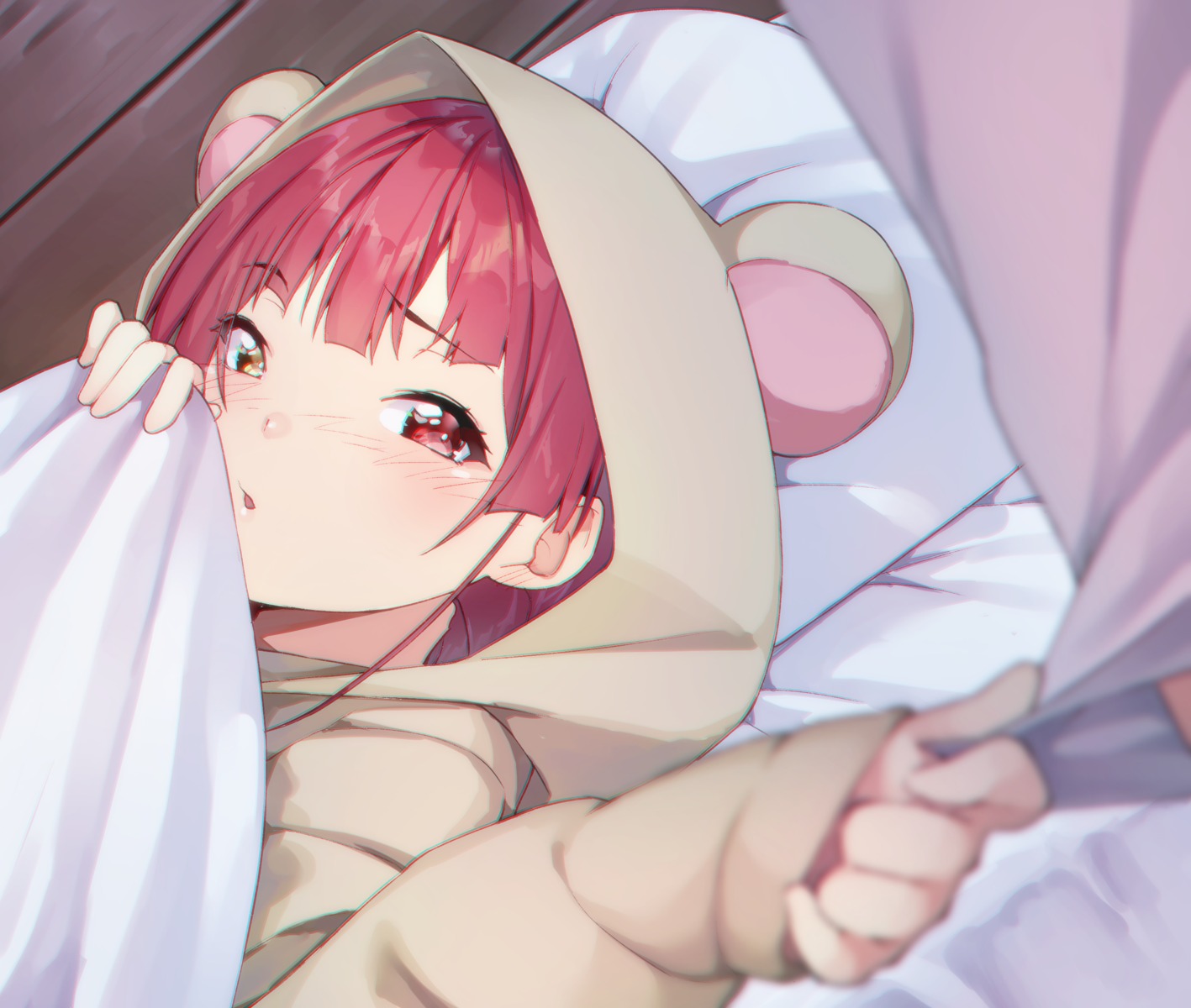 heterochromia, hololive, houshou_marine, koubou_(cowbow_kun), pajama, sheets