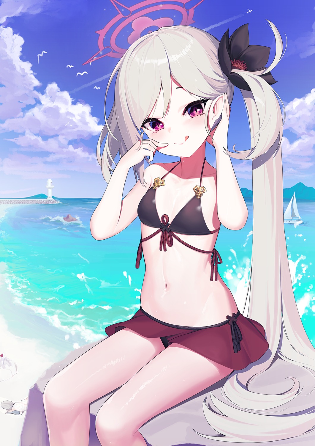 asagi_mutsuki, bikini, blue_archive, halo, pointy_ears, skirt_lift, swimsuits, unidentified_nk
