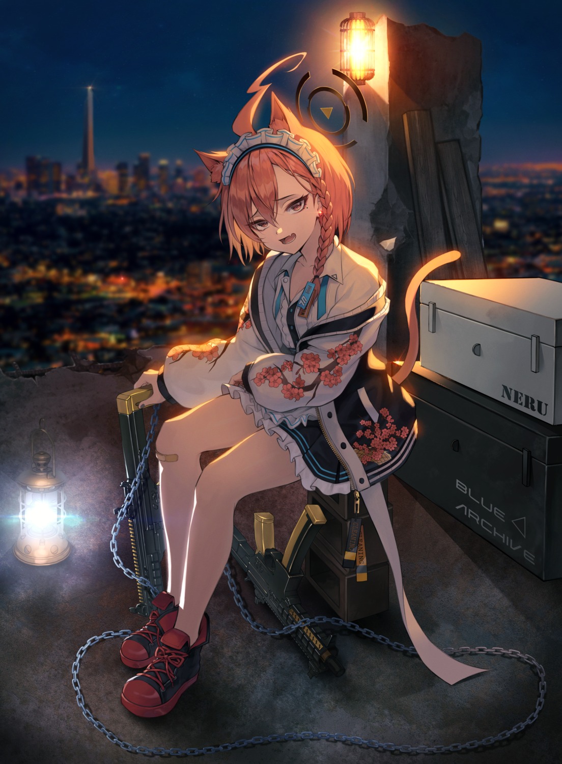 animal_ears, bandaid, blue_archive, gun, gyungsin, halo, mikamo_neru, nekomimi