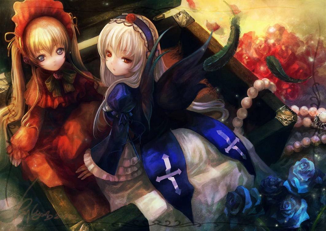 lolita_fashion, rozen_maiden, shinku, suigintou, wings, yoru_(xueyinye)