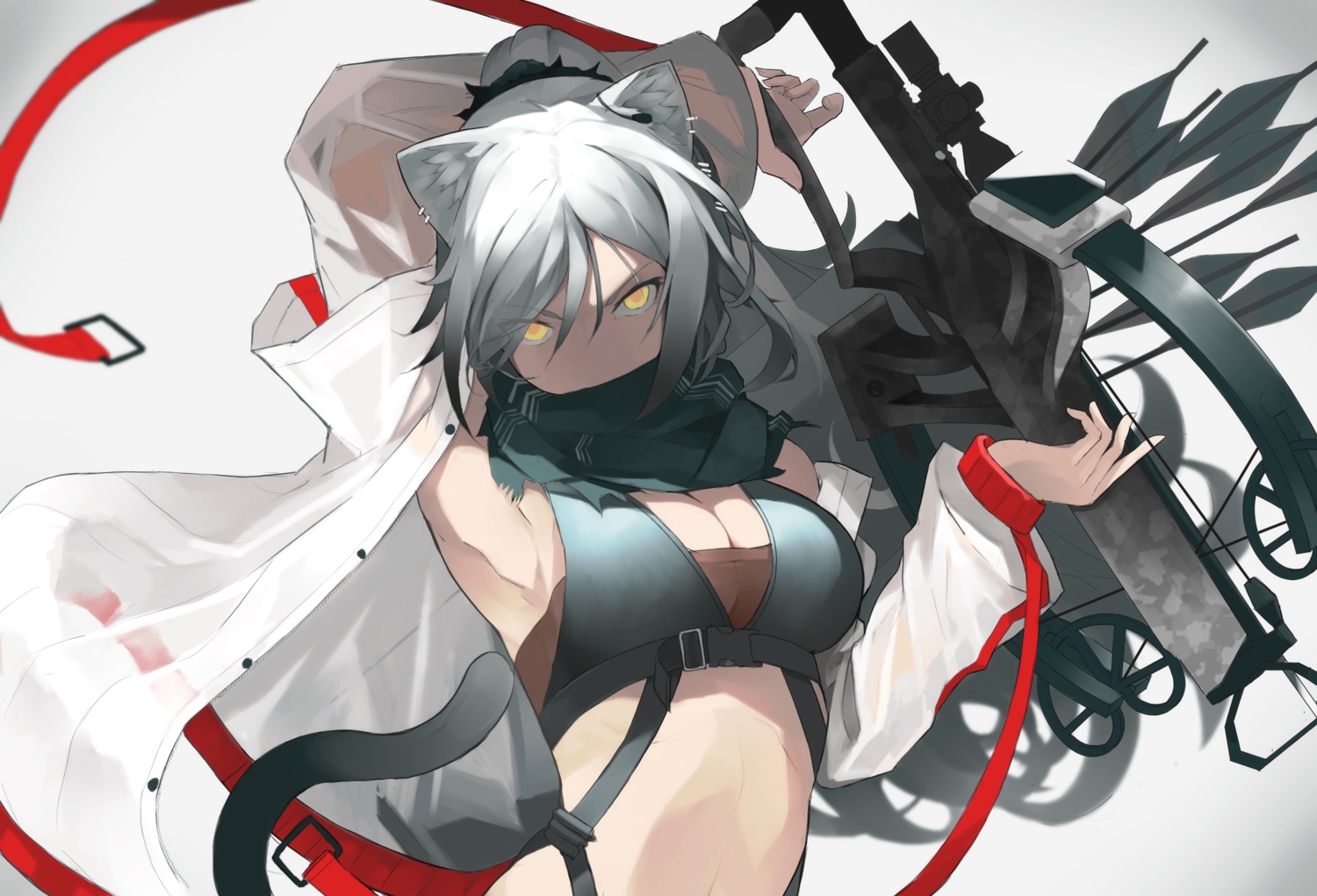 animal_ears, arknights, cleavage, gun, onkyi, schwarz_(arknights), tail