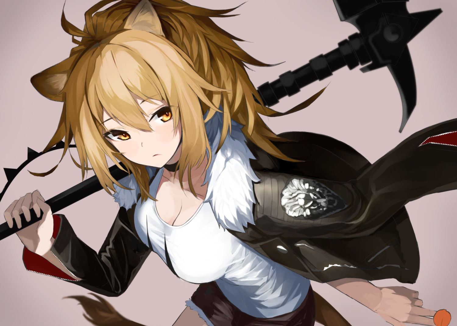 animal_ears, arknights, cleavage, onkyi, siege_(arknights), tail, weapon