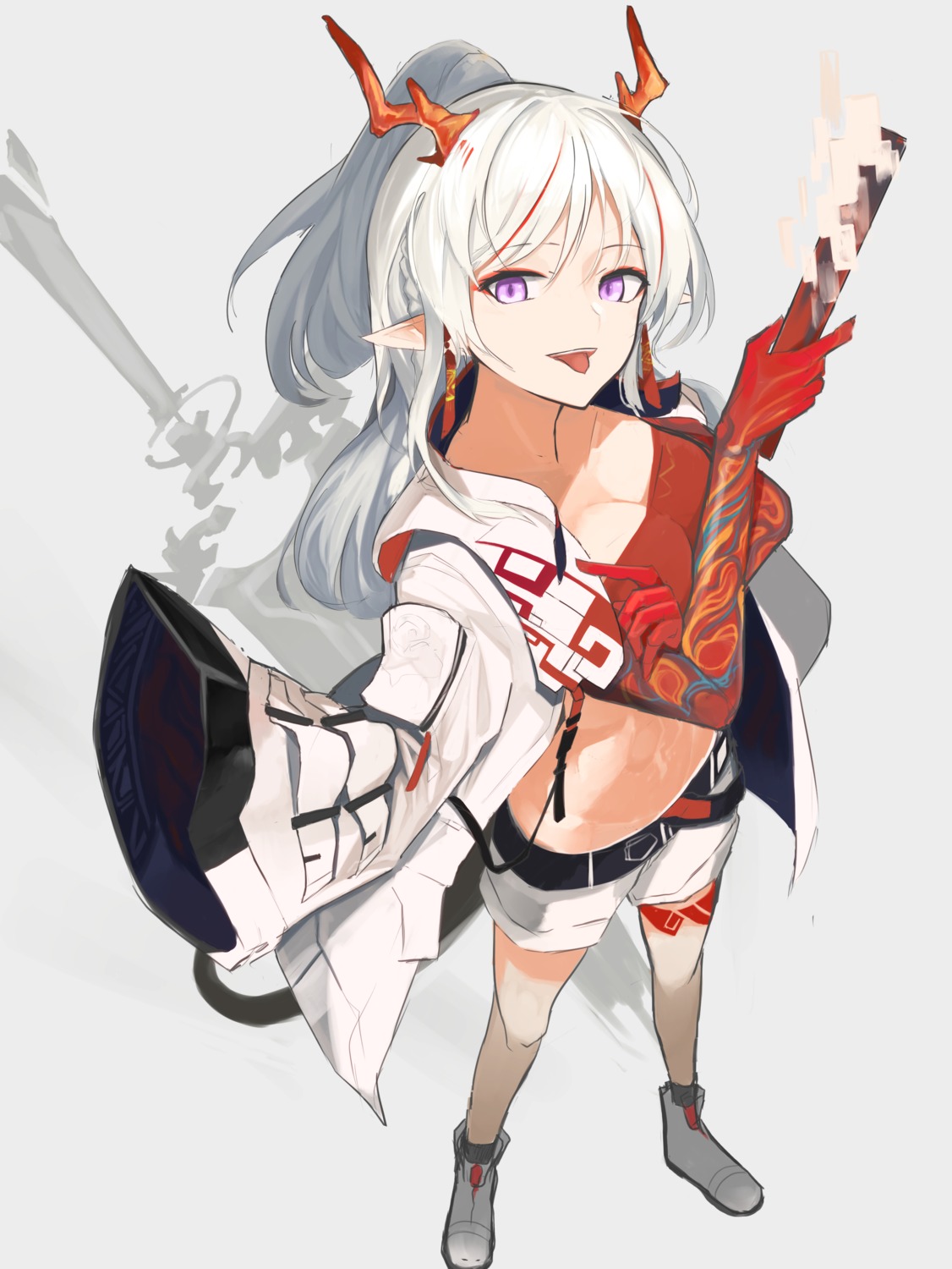 arknights, horns, nian_(arknights), onkyi, open_shirt, pointy_ears, sword, tattoo