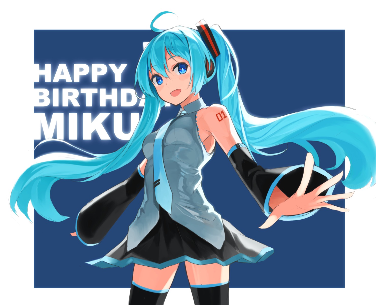 hatsune_miku, headphones, onkyi, skirt_lift, tattoo, thighhighs, vocaloid
