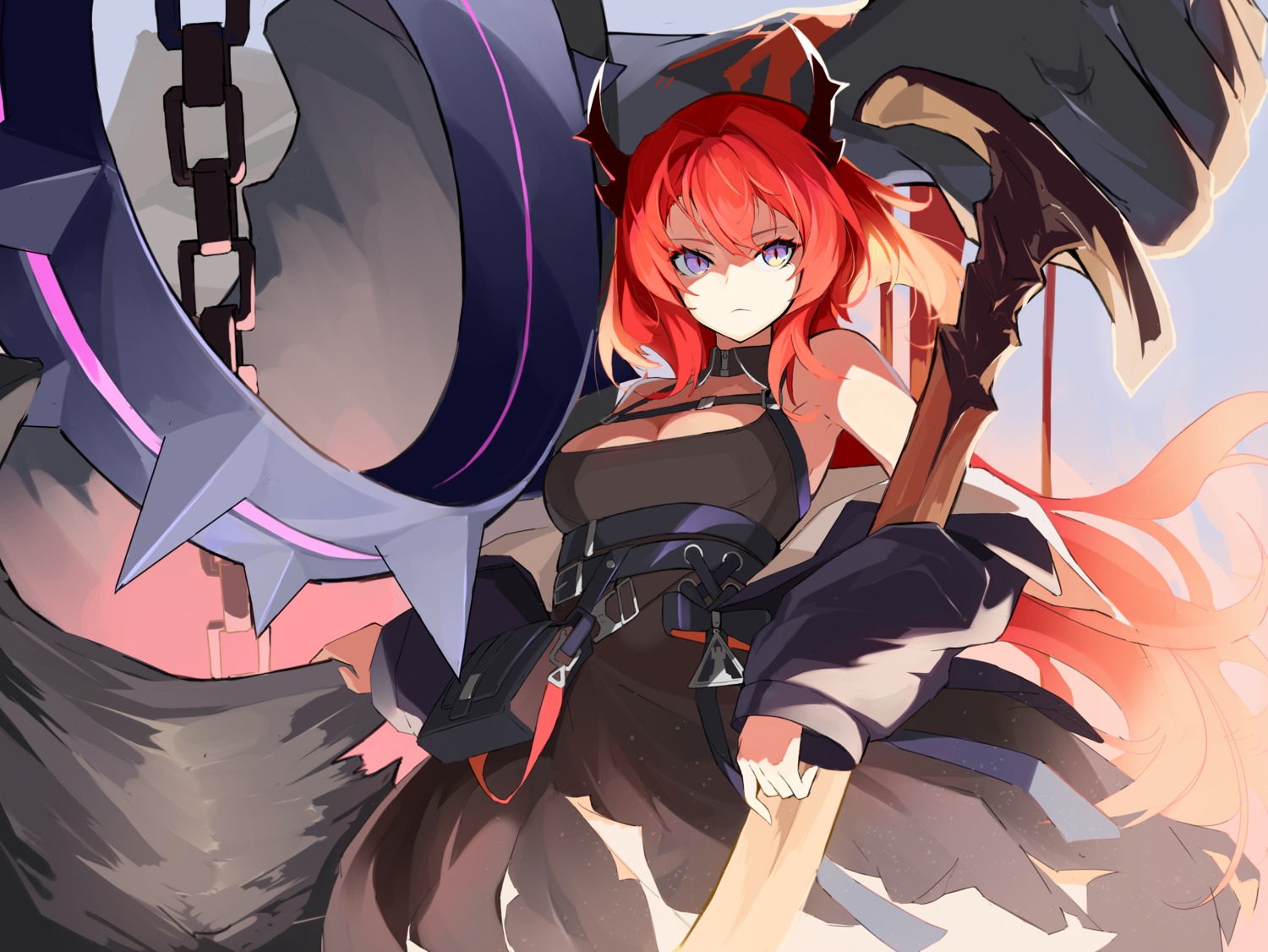 arknights, cleavage, horns, onkyi, surtr_(arknights), sword