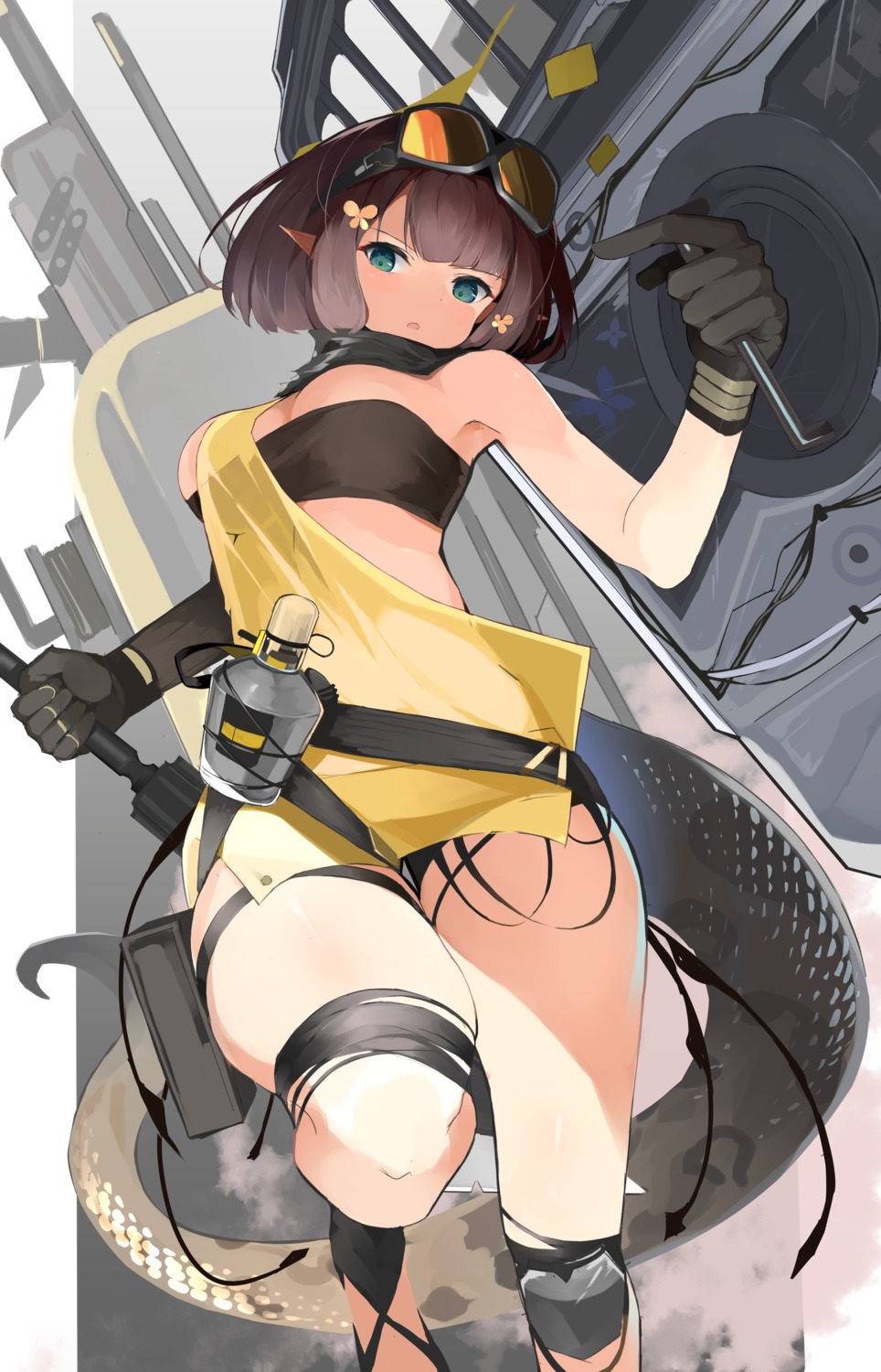 arknights, eunectes_(arknights), garter, no_bra, onkyi, pointy_ears, see_through, tail, torn_clothes