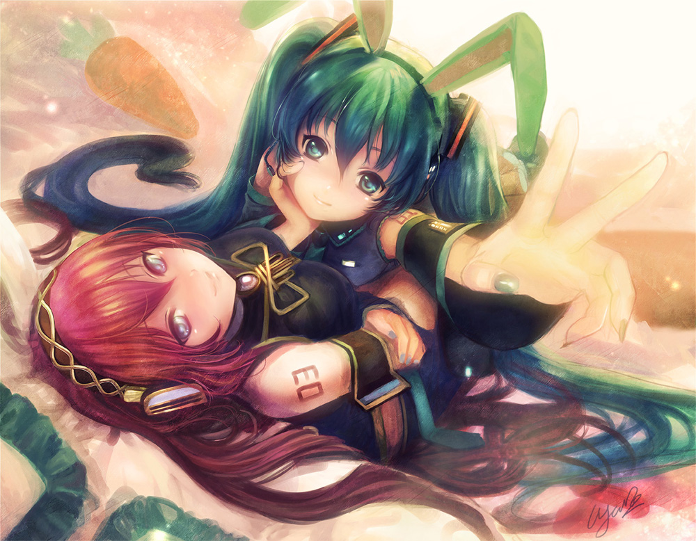 animal_ears, bunny_ears, hatsune_miku, megurine_luka, vocaloid, yoru_(xueyinye)