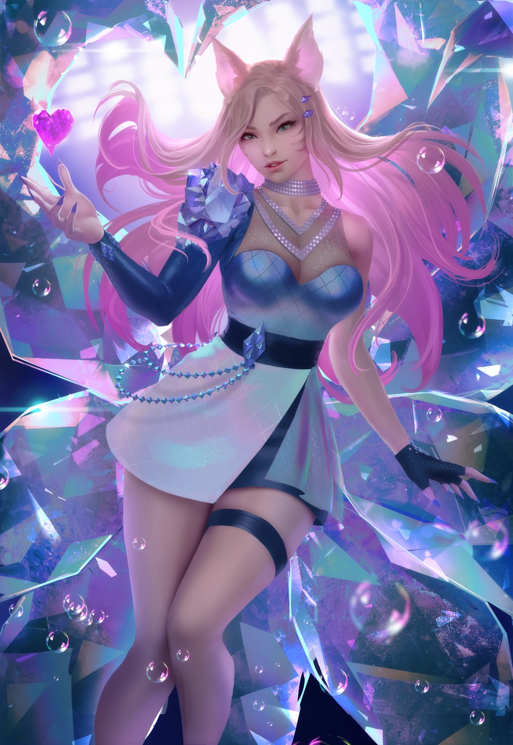 ahri, animal_ears, dress, garter, kitsune, league_of_legends, no_bra, see_through