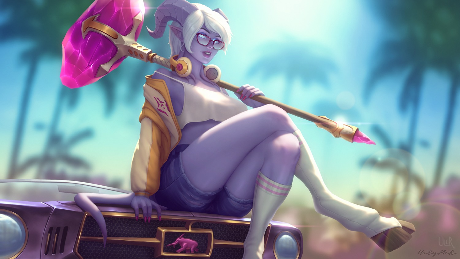 horns, megane, monster_girl, no_bra, pointy_ears, tail, ullr20, wallpaper, weapon, world_of_warcraft
