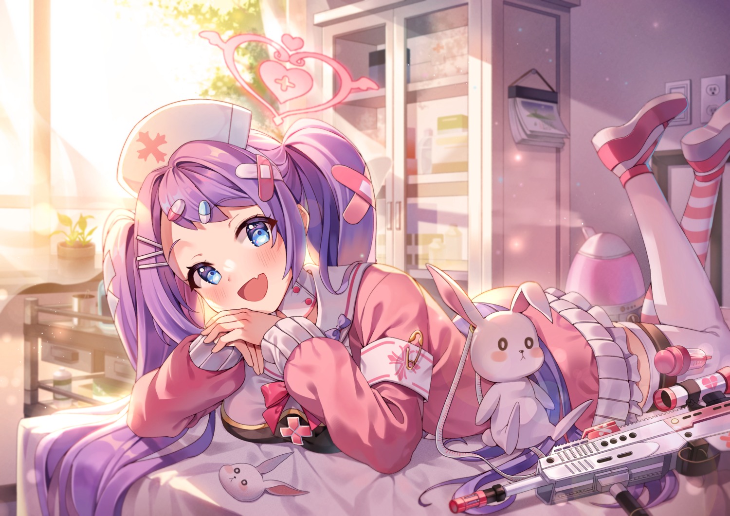 bandaid, blue_archive, garter, gun, halo, nurse, pongu, thighhighs