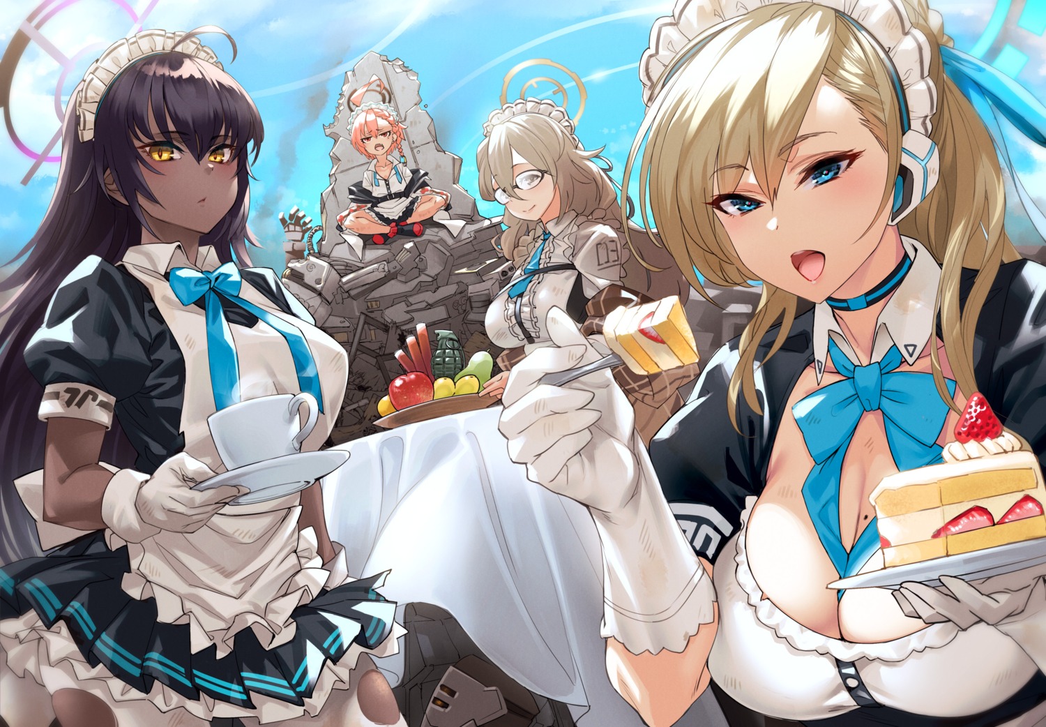 blue_archive, halo, ichinose_asuna, kakudate_karin, maid, megane, mikamo_neru, mikel_(4hands), murokasa_akane, pantyhose, skirt_lift