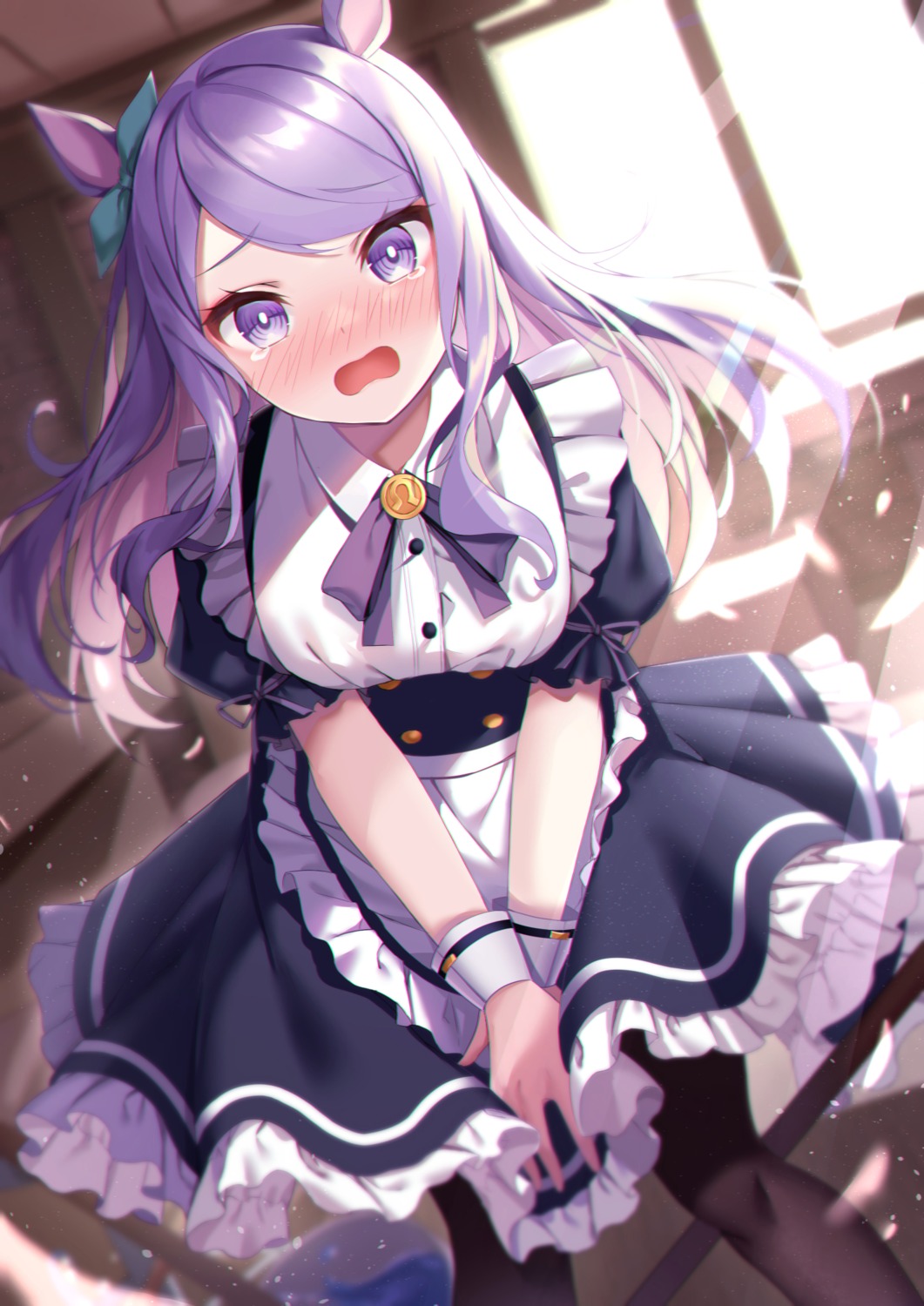 amahara_pekozaemon, animal_ears, maid, mejiro_mcqueen_(umamusume), pantyhose, skirt_lift, uma_musume_pretty_derby, waitress