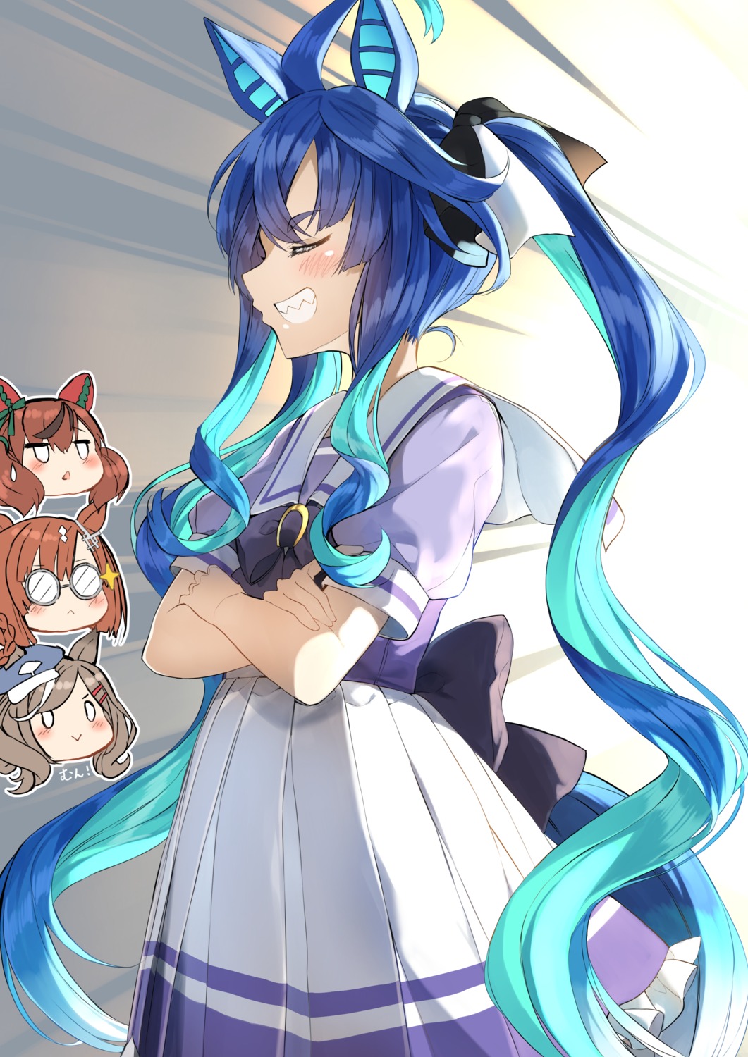 animal_ears, chibi, ikuno_dictus_(umamusume), matikane_tannhauser_(umamusume), megane, nice_nature_(umamusume), pentagon, seifuku