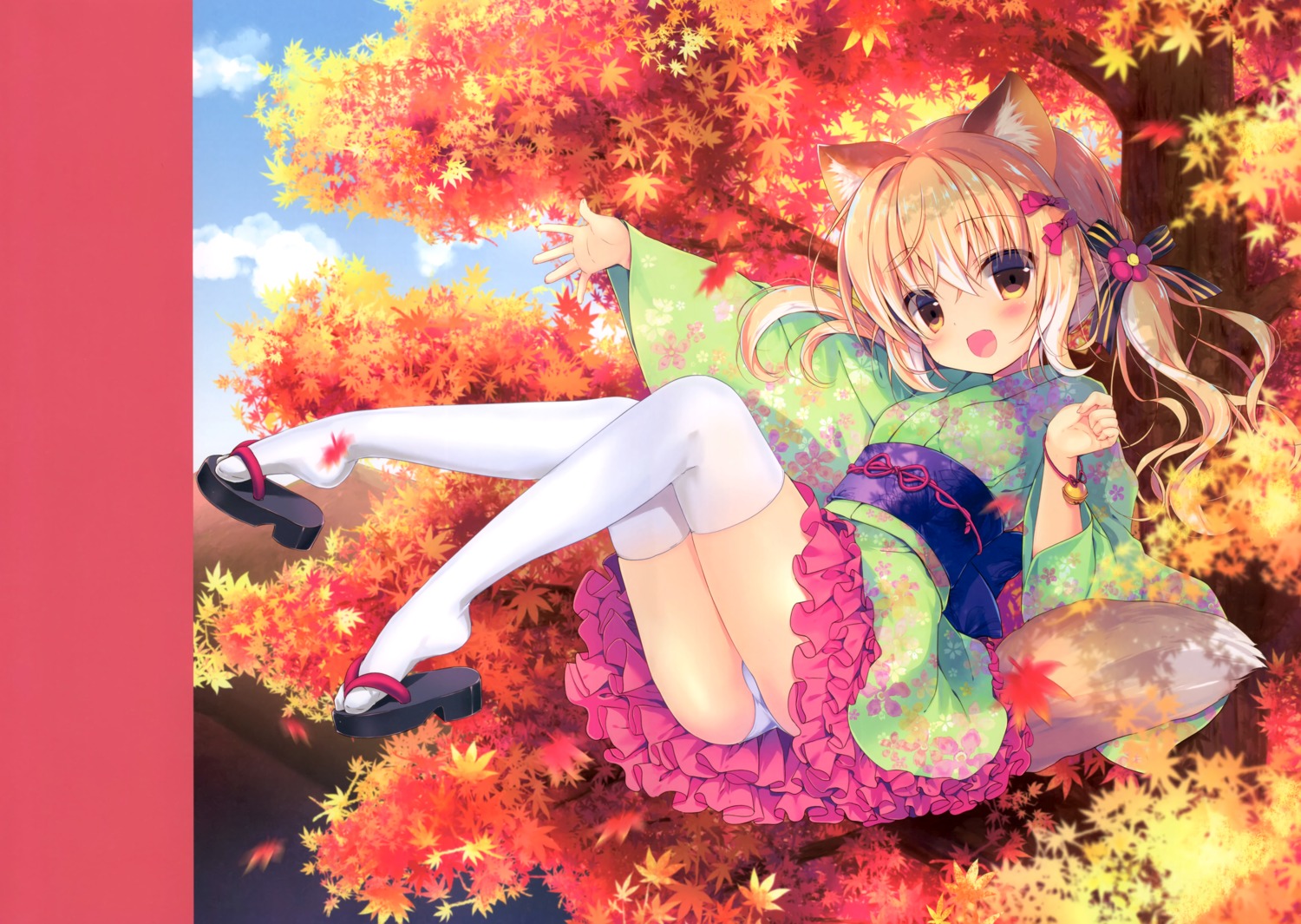 animal_ears, hiyori_(canvas+garden), kimono, kitsune, lolita_fashion, miyasaka_miyu, pantsu, skirt_lift