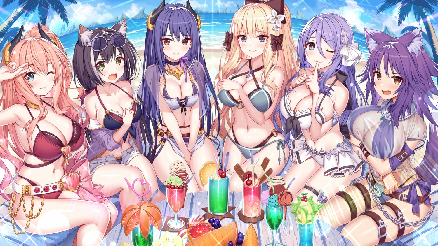 aki_makoto, akusema, animal_ears, bikini, breast_hold, cleavage, garter, horns, hoshino_shizuru, karyl_(princess_connect), megane, minami_suzuna, nekomimi, princess_connect!, princess_connect!_re:dive, sasaki_saren, see_through, shijou_rei, swimsuits