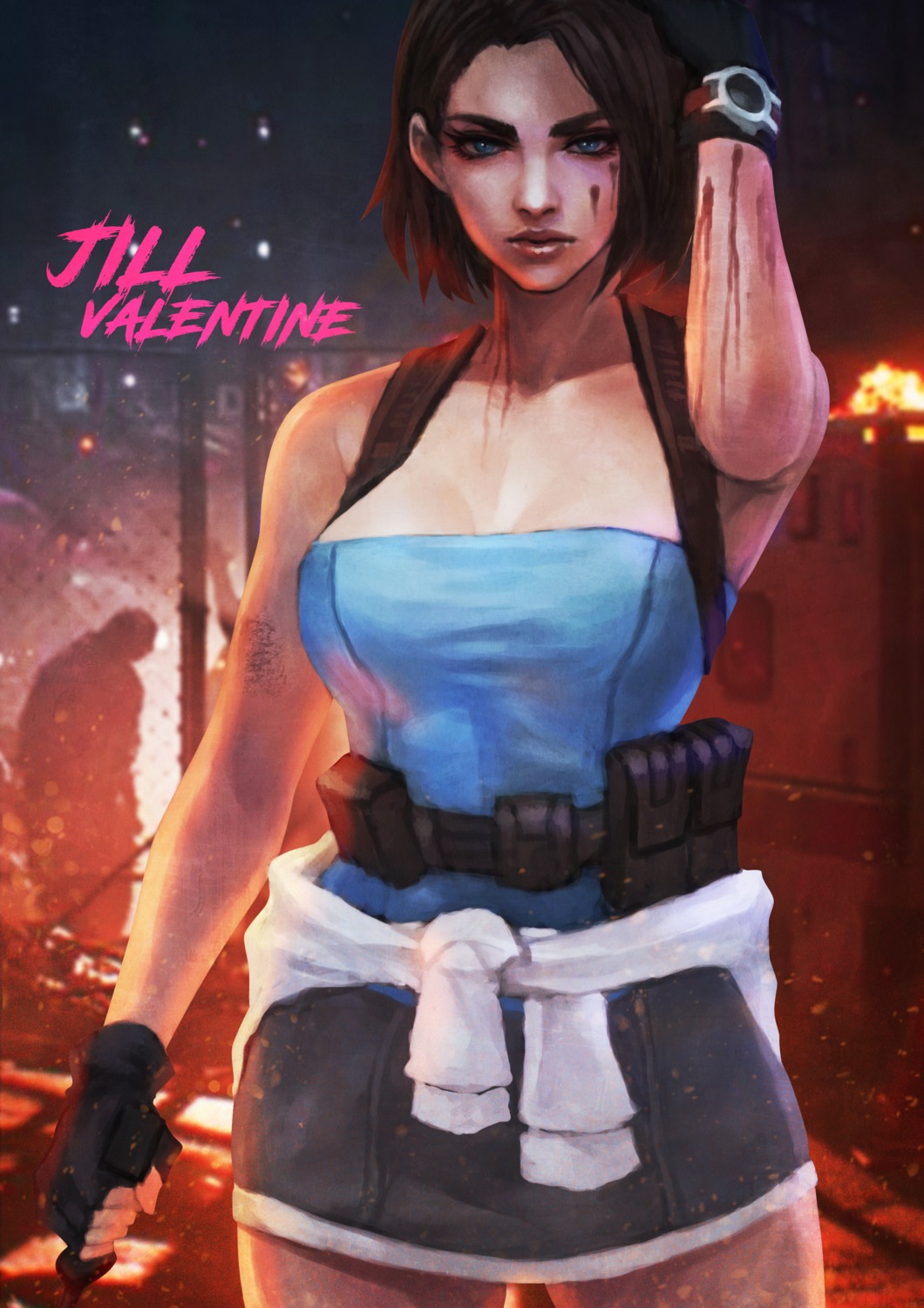 blood, cleavage, gun, jill_valentine, monori_rogue, no_bra, resident_evil, resident_evil_3