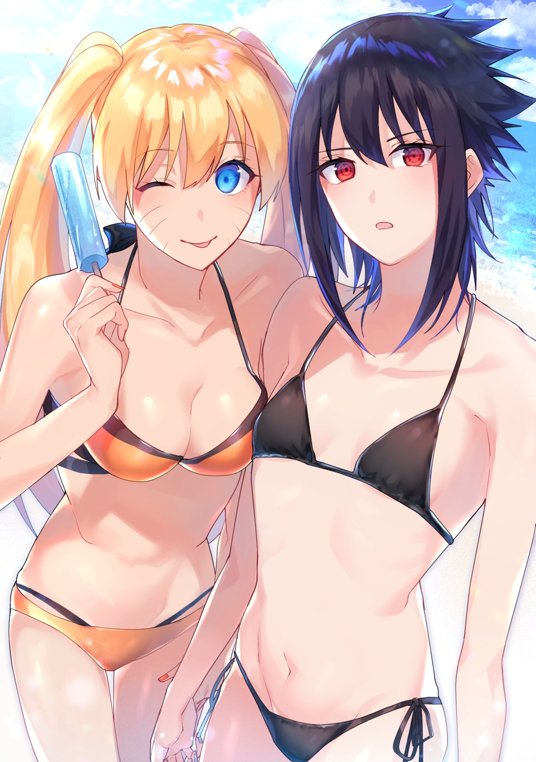 betti_(maron), bikini, cleavage, genderswap, naruto, swimsuits, uchiha_sasuke, uzumaki_naruto
