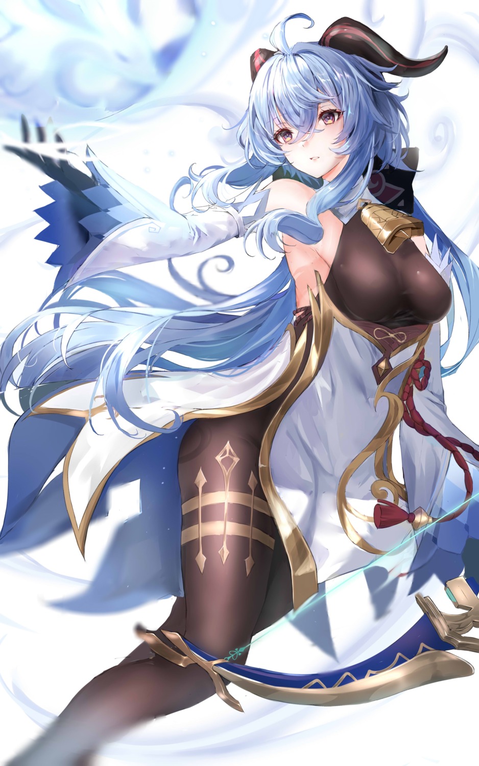 351_rane, bodysuit, ganyu, genshin_impact, horns, no_bra, skirt_lift, weapon