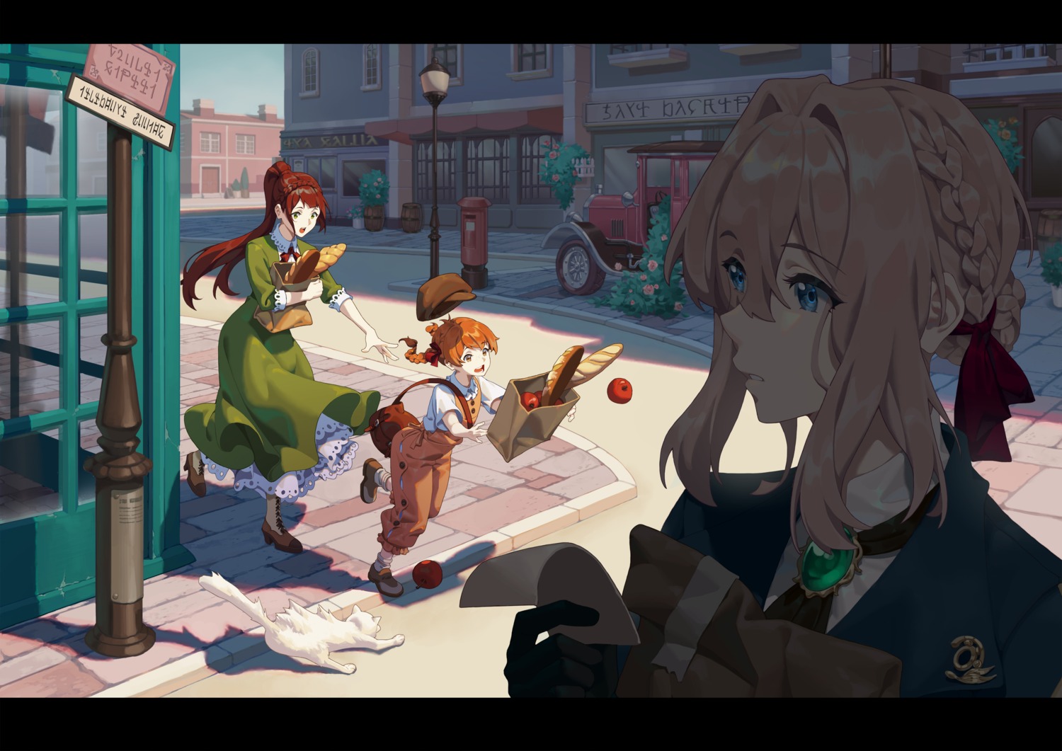 cheese_kang, dress, heels, luculia_marlborough, neko, overalls, skirt_lift, taylor_bartlett, violet_evergarden, violet_evergarden_(character)